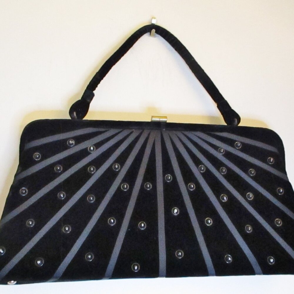 Vintage Soure Bag New York Handbag, Black Velvet, Black Beads on Front